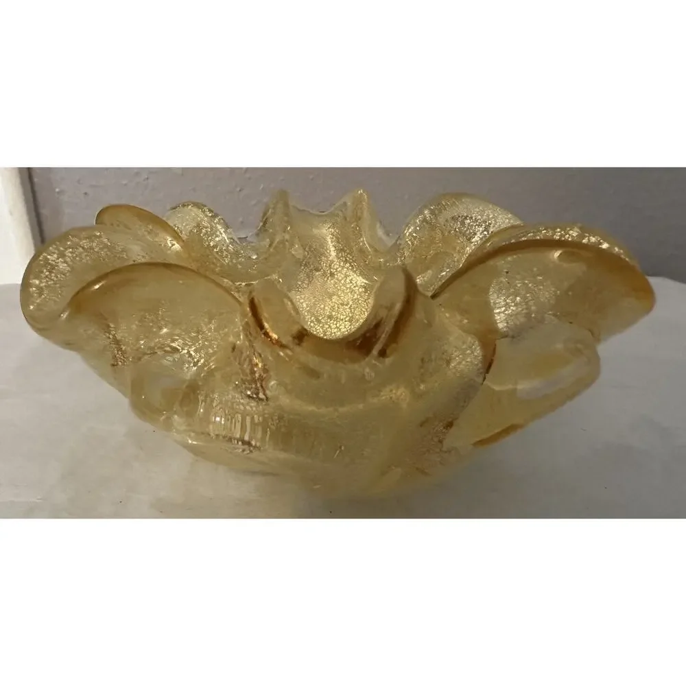 Vintage Murano Glass Aventurine Gold Flecks Ruffled Bowl Ashtray Candy Dish MCM